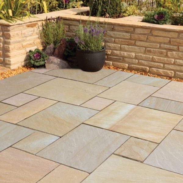 buff brown sandstone paving