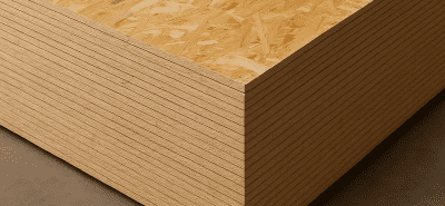Stack of oriented strand board (OSB) panels resting on a conveyor within a wood manufacturing factory, showing layered construction and industrial equipment in the background.