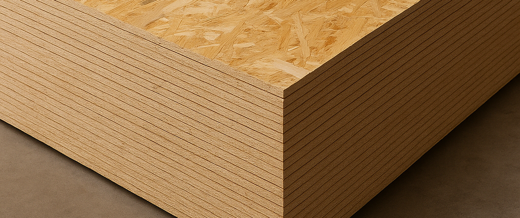 Stack of oriented strand board (OSB) panels resting on a conveyor within a wood manufacturing factory, showing layered construction and industrial equipment in the background.
